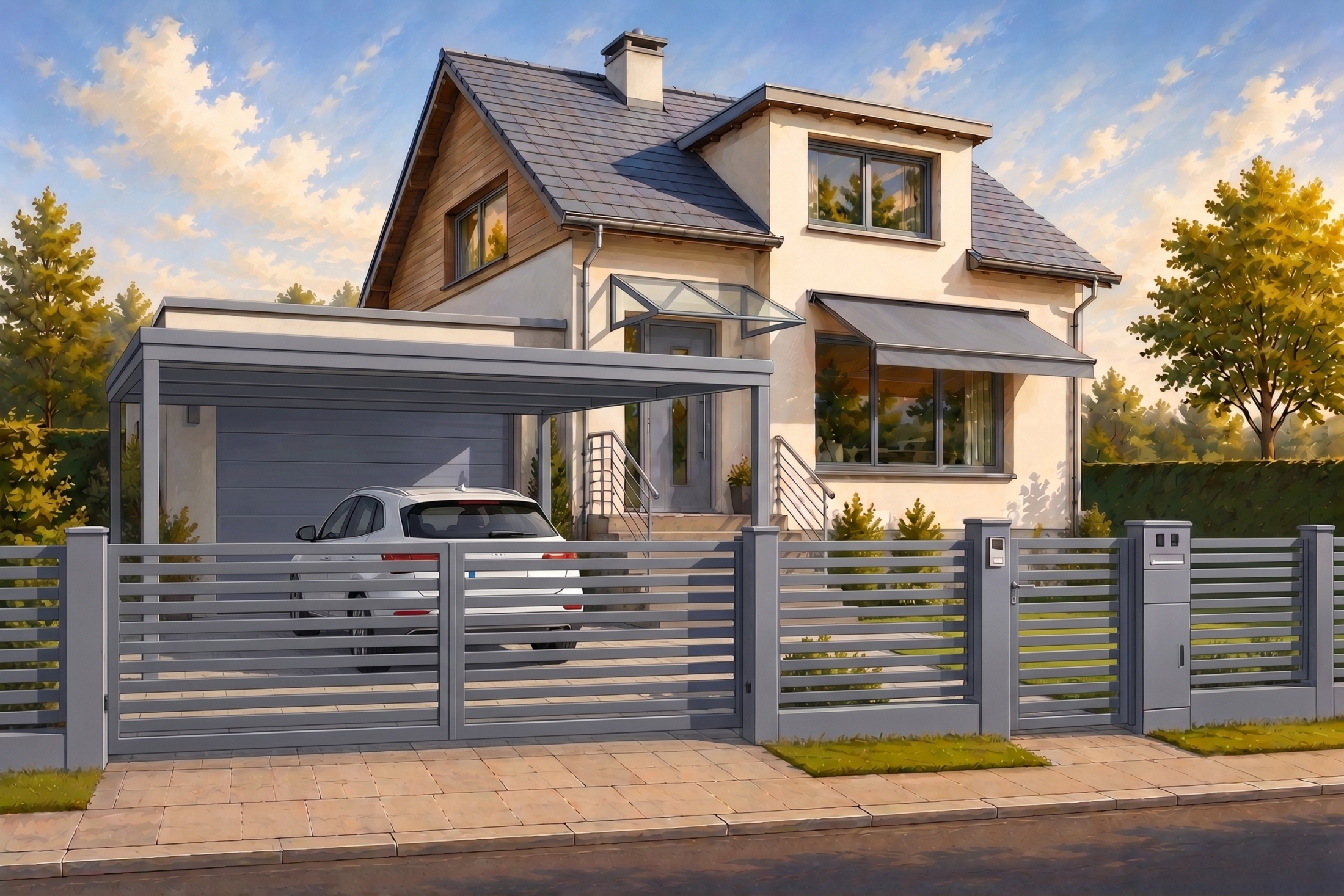 Illustration eines Einfamilienhauses mit Carport, Garagentor, Vordach, Haustür, Fenster, Treppengeländer, Markise sowie Zaun- und Toranlage mit Pforte und Brief-/Paketkasten